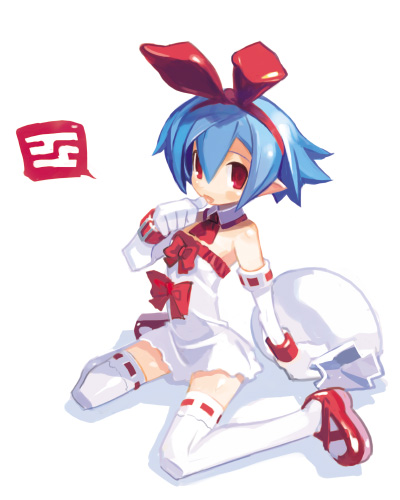 :p arched_back bag bare_shoulders blue_hair detached_collar disgaea dress elbow_gloves full_body gloves hair_ribbon harada_takehito looking_at_viewer lowres original pleinair pointy_ears red_eyes red_footwear ribbon ribbon-trimmed_legwear ribbon_trim shoes short_dress short_hair simple_background sitting solo strapless strapless_dress thighhighs tongue tongue_out wariza white_background white_gloves white_legwear zettai_ryouiki