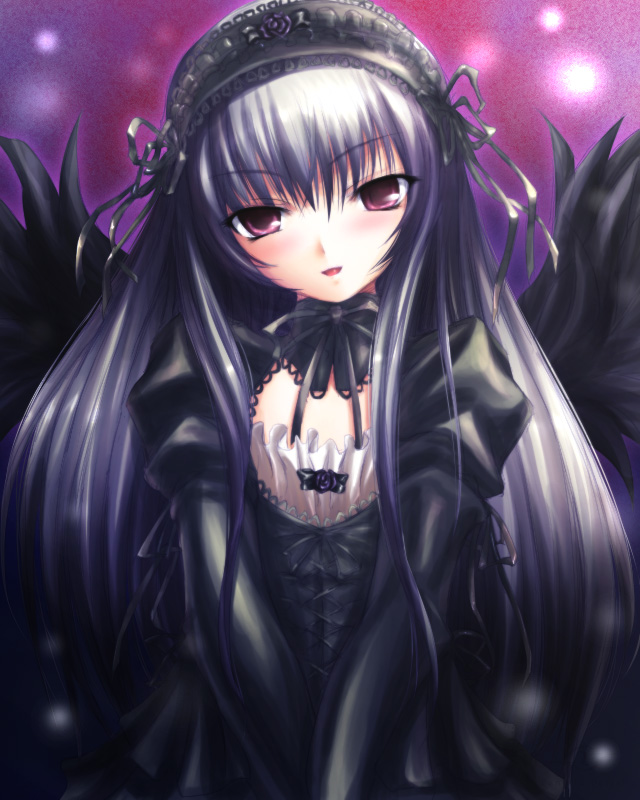 :d artist_request black_dress black_ribbon black_wings blush choker detached_collar dress gothic_lolita hairband juliet_sleeves light_particles lolita_fashion lolita_hairband long_hair long_sleeves looking_at_viewer open_mouth parted_lips pink_background puffy_sleeves red_eyes ribbon rozen_maiden sidelocks silver_hair simple_background smile solo suigintou upper_body v_arms wings