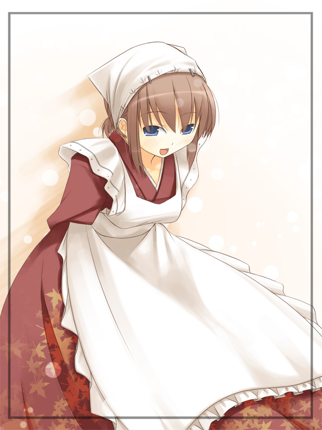 :d apron arms_behind_back blue_eyes brown_hair copyright_request dress head_scarf japanese_clothes jirou_(chekoro) leaning_forward long_sleeves maid open_mouth smile solo