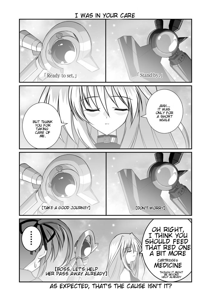 2girls bardiche choker close-up closed_eyes comic english greyscale hair_ribbon hard_translated long_hair lyrical_nanoha magazine_(weapon) magical_girl mahou_shoujo_lyrical_nanoha mahou_shoujo_lyrical_nanoha_a's mikage_takashi monochrome multiple_girls parted_lips polearm raising_heart reinforce ribbon rod speech_bubble spoken_ellipsis staff sweatdrop takamachi_nanoha talking translated twintails weapon yagami_hayate