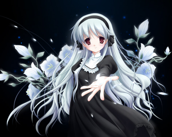 black black_dress brown_eyes copyright_request dress flower hairband katase_nano long_hair long_sleeves outstretched_hand solo very_long_hair white_hair