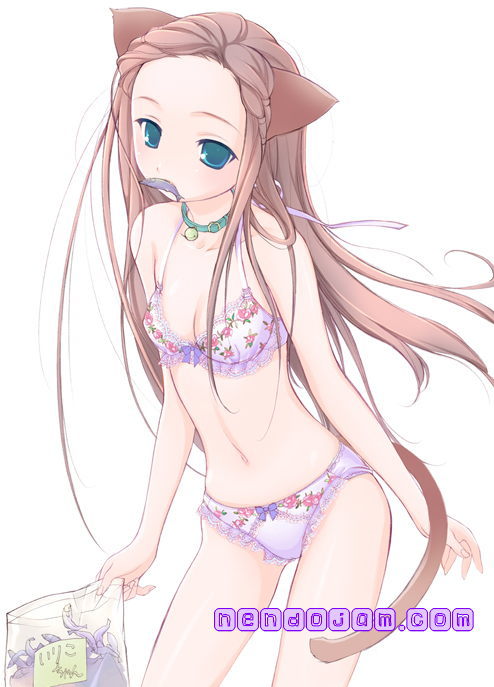 animal_ears blue_eyes bow bow_bra bow_panties bra breasts cat_ears cat_tail cleavage collar copyright_request fish lingerie long_hair lugosi_ela mouth_hold panties pink_hair purple_panties small_breasts solo tail underwear underwear_only very_long_hair