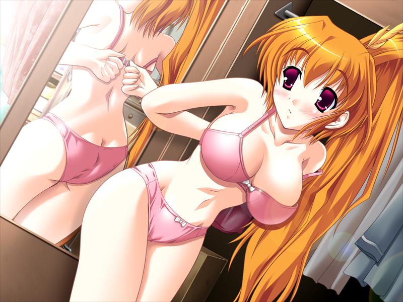 armpits arms_behind_back ass back bangs bare_shoulders blush bow bow_bra bow_panties bra breasts breasts_apart butt_crack ciel_starwind clenched_hands closed_mouth collarbone cowboy_shot curtains day dressing dutch_angle eyebrows_visible_through_hair flat_ass from_side game_cg groin hair_between_eyes hair_ornament high_ponytail hips indoors large_breasts leaning_forward legs_together lens_flare long_hair long_ponytail looking_away looking_to_the_side lovely_pop_tail mirror navel orange_hair panties pink_bra pink_panties ponytail purple_eyes reflection shiny shiny_hair sideboob solo standing strap_slip sunlight thighs underwear underwear_only very_long_hair white_bow window yameta_takashi