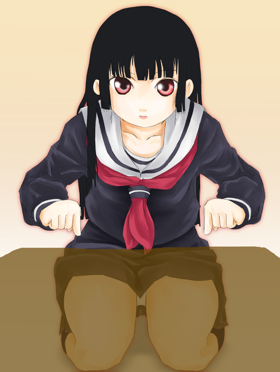 artist_request bangs black_hair black_serafuku blunt_bangs cross-section enma_ai hime_cut jigoku_shoujo long_hair long_sleeves panties pantyshot pantyshot_(sitting) red_eyes school_uniform serafuku sitting skirt solo underwear