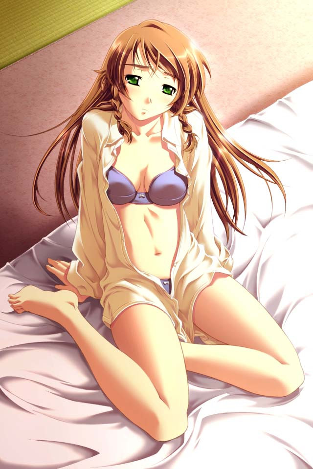 arm_support barefoot bed black_panties bow bow_panties bra breasts brown_hair cleavage ensemble futon game_cg green_eyes haritama_hiroki lingerie long_hair long_sleeves medium_breasts navel no_pants open_clothes open_shirt panties shirt sitting solo terada_sakurako underwear undressing yokozuwari