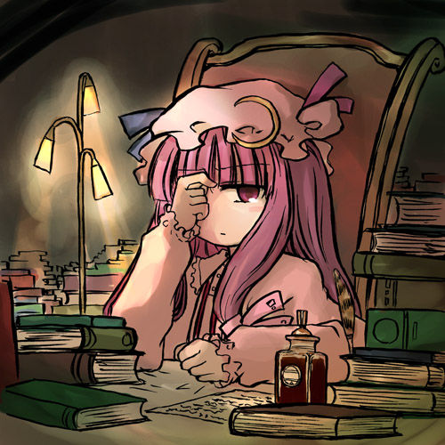 blush book book_stack chair closed_mouth crescent desk expressionless hat lamp library long_hair long_sleeves lowres mizumoto_tadashi no_nose patchouli_knowledge purple_eyes purple_hair solo touhou voile