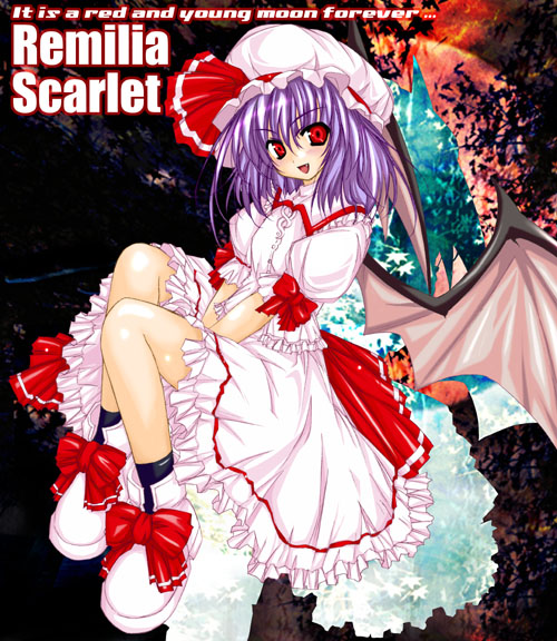 artist_request bat_wings black_legwear bow buttons character_name collared_shirt english fang frilled_shirt frilled_shirt_collar frilled_skirt frilled_sleeves frills hat hat_ribbon knee_up mob_cap open_mouth puffy_short_sleeves puffy_sleeves purple_hair red_bow red_eyes red_ribbon remilia_scarlet ribbon sash shirt shoe_bow shoes short_hair short_sleeves sitting skirt socks solo source_request touhou white_footwear white_hat white_shirt white_skirt wings