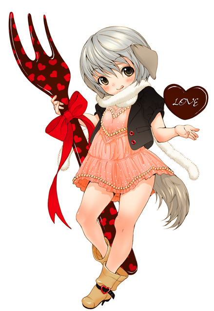 :q animal_ears blush boots chocolate chocolate_heart copyright_request dog_ears dog_tail dress full_body heart holding inuburo jacket open_clothes open_jacket oversized_object pink_dress pink_skirt scarf short_hair short_sleeves silver_hair simple_background skirt solo tail tongue tongue_out valentine white_background