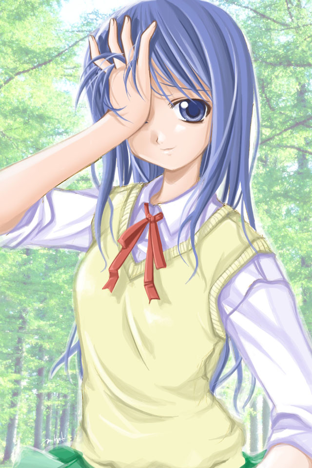 artist_request blue_eyes blue_hair kurusugawa_ayaka long_sleeves nature outdoors sleeves_rolled_up solo to_heart tree