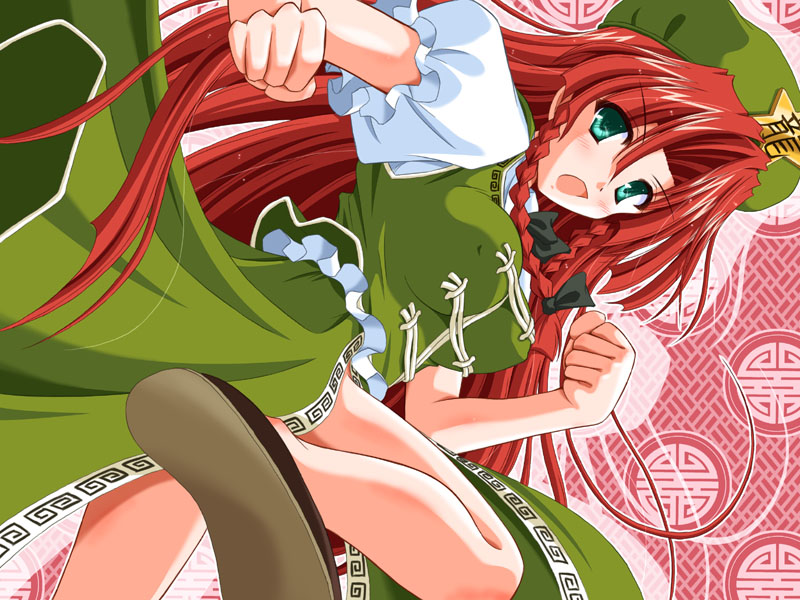 bow braid breasts china_dress chinese_clothes clenched_hands covered_nipples dress green_eyes hair_bow hat hong_meiling large_breasts long_hair open_mouth red_hair solo star touhou twin_braids very_long_hair yamu_(reverse_noise)