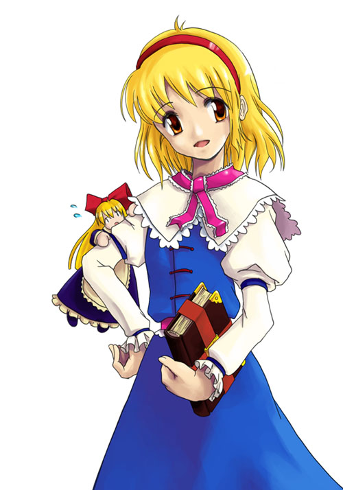 alice_margatroid apron artist_request blonde_hair blue_dress brown_eyes dress hairband hand_on_hip hiding long_hair long_sleeves puffy_sleeves shanghai_doll short_hair simple_background smile solo touhou white_background
