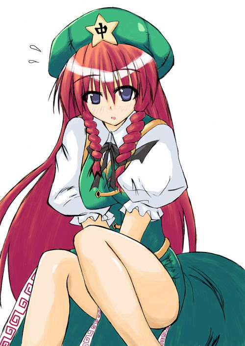 artist_request blue_eyes blush bow braid china_dress chinese_clothes dress embarrassed hair_bow hat hong_meiling long_hair open_mouth red_hair sitting solo star sweatdrop touhou twin_braids v_arms