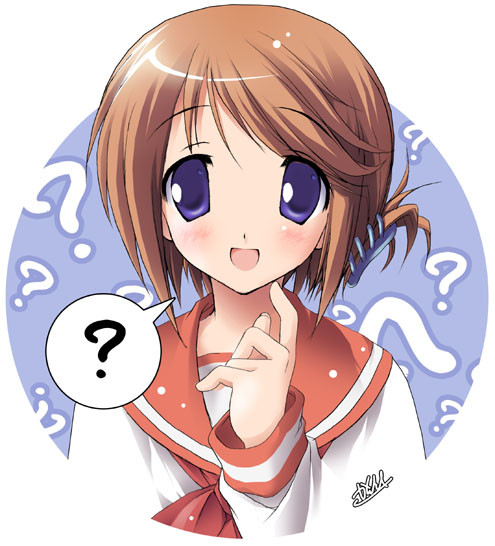 ? blue_eyes blush brown_hair finger_to_mouth folded_ponytail kantoku komaki_manaka long_sleeves looking_at_viewer open_mouth purple_eyes sailor_collar school_uniform shirt short_hair signature simple_background smile solo spoken_question_mark to_heart_2 white_shirt