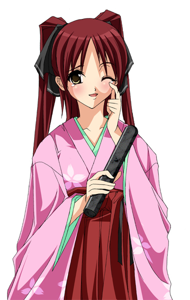 artist_request brown_eyes brown_hair holding japanese_clothes kimono kousaka_tamaki long_sleeves looking_at_viewer one_eye_closed rubbing_eyes scroll simple_background smile solo standing tears to_heart_2 white_background