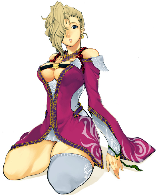 asymmetrical_clothes bare_shoulders blonde_hair blue_eyes breasts cleavage cleavage_cutout detached_sleeves dress earrings gensou_suikoden gensou_suikoden_v grey_legwear hair_over_one_eye imigimuru jewelry large_breasts long_sleeves no_bra short_hair sialeeds_falenas single_thighhigh sitting solo thick_thighs thighhighs thighs