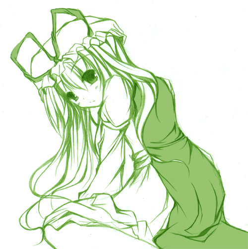 arm_support artist_request dress green hat leaning_forward long_hair looking_at_viewer looking_back monochrome sitting solo touhou wariza yakumo_yukari