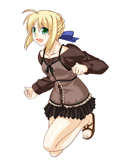 ahoge artoria_pendragon_(all) barefoot black_skirt blonde_hair braid brown_shirt casual fate/stay_night fate_(series) full_body green_eyes hair_ribbon long_sleeves pleated_skirt ribbon saber sandals shirt silvermoon simple_background single_braid skirt solo white_background