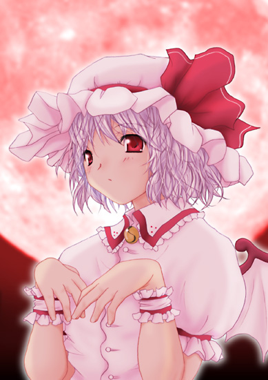 artist_request bat_wings full_moon hat hat_ribbon lavender_hair moon pink_hat red_eyes red_moon remilia_scarlet ribbon short_hair solo touhou wings wrist_cuffs