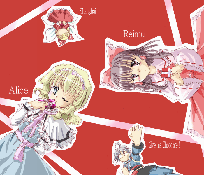 2girls ahoge alice_margatroid bangs blonde_hair blue_eyes bow box brown_eyes brown_hair capelet character_name clenched_hand clenched_hands detached_sleeves doll dress english eyebrows eyebrows_visible_through_hair frilled_bow frilled_hairband frilled_sash frilled_skirt frills glasses hair_between_eyes hair_bow hair_tubes hairband hakurei_reimu holding long_hair long_sleeves morichika_rinnosuke multiple_girls one_eye_closed reaching red_background red_bow ribbon ribbon-trimmed_sleeves ribbon_trim saihateya sash shanghai_doll short_hair silver_hair skirt skirt_set smile touhou upside-down wide_sleeves wings