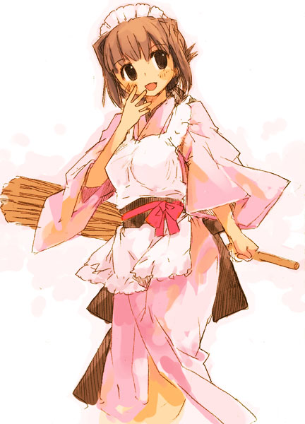 :d apron black_eyes blush broom brown_hair copyright_request hand_to_own_mouth holding holding_broom japanese_clothes kimono long_sleeves maid_headdress momiji_mao open_mouth smile solo wa_maid