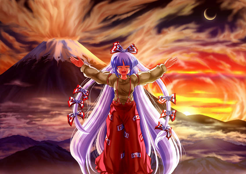 :d ^_^ amamizu_(myofuu_kai) bow closed_eyes cloud crescent_moon crying fujiwara_no_mokou hair_bow happy lavender_hair long_hair long_sleeves moon mousou_dairinin open_mouth outstretched_arms pants parody sky smile smoke solo spread_arms suspenders tears touhou very_long_hair volcano
