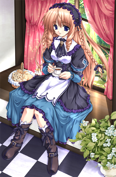 ahoge basket blue_eyes boots braid brown_hair checkered cookie copyright_request cup curtains dress drill_hair flower food hair_ribbon hairband holding long_hair long_sleeves ribbon sitting solo tea teacup thumbprint_cookie tress_ribbon twin_braids twin_drills twintails very_long_hair wakou_tensui window
