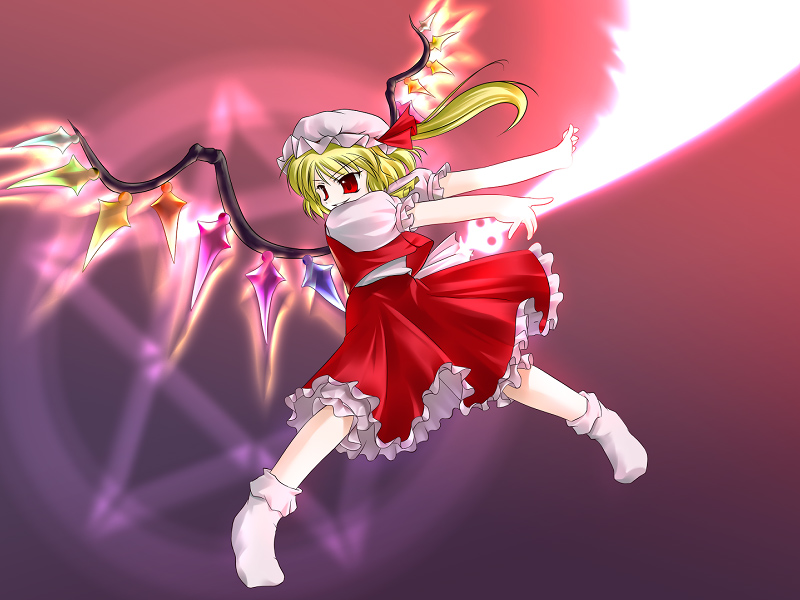 blonde_hair dress flandre_scarlet gradient gradient_background hat hexagram jerry laevatein one_side_up pink_background purple_background red_dress red_eyes short_hair smile socks solo touhou wings