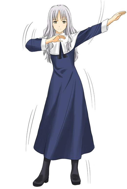 blue_dress brown_eyes caren_hortensia dress fate/hollow_ataraxia fate/stay_night fate_(series) frown full_body long_hair long_sleeves looking_at_viewer motion_lines outstretched_arm sidelocks silver_hair simple_background solo standing toshibou_(satsukisou) white_background