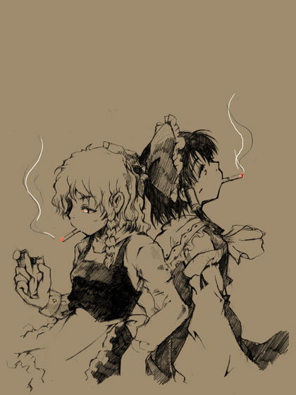 artist_request cigarette hakurei_reimu kirisame_marisa long_sleeves monochrome multiple_girls smoking touhou