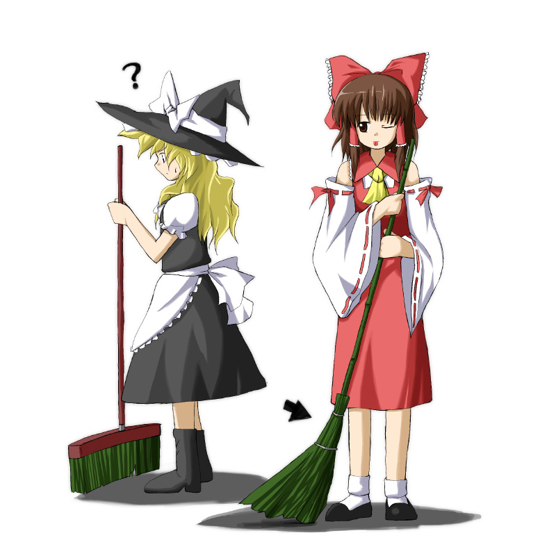 ;p ? artist_request ascot blonde_hair boots bow broom brown_hair detached_sleeves hair_bow hair_tubes hakurei_reimu hat kirisame_marisa long_sleeves multiple_girls one_eye_closed profile simple_background sweatdrop tongue tongue_out touhou white_background witch_hat