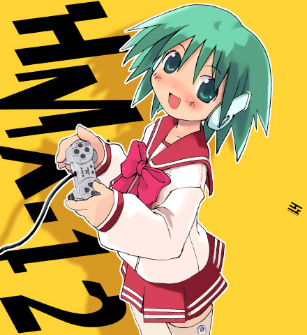 artist_request blush bow green_eyes green_hair long_sleeves lowres multi pink_bow playing_games pleated_skirt robot_ears school_uniform serafuku short_hair skirt solo thighhighs to_heart video_game