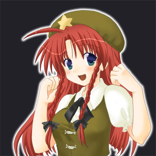 ahoge artist_request blue_eyes blush bow braid china_dress chinese_clothes dress hair_bow hat hong_meiling long_hair lowres open_mouth red_hair smile solo star touhou twin_braids