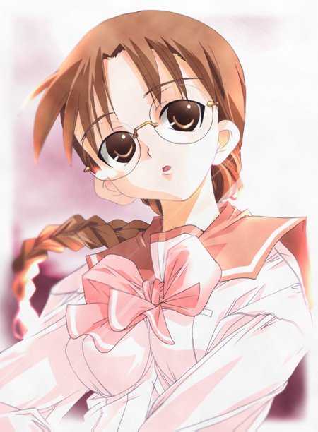 :o artist_request bow bowtie braid brown_eyes glasses hoshina_tomoko long_hair long_sleeves parted_lips pink_bow sailor_collar shirt single_braid solo sunlight to_heart upper_body white_shirt