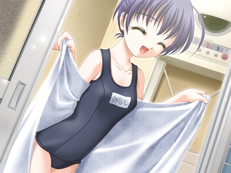 closed_eyes enomoto_hiroaki game_cg kusanagi_minato name_tag ochiba_no_mau_koro one-piece_swimsuit school_swimsuit smile solo swimsuit towel