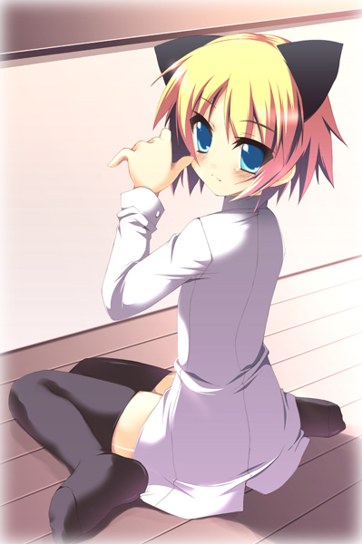 animal_ears black_legwear blonde_hair blue_eyes cat_ears copyright_request feet full_body long_sleeves looking_back meito_(maze) no_shoes short_hair sitting solo thighhighs