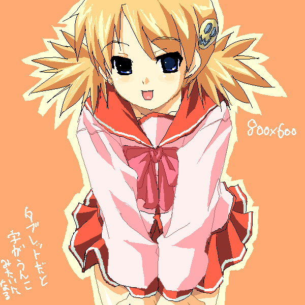 :d artist_request blonde_hair blue_eyes bow bowtie eyebrows_visible_through_hair hair_ornament long_sleeves looking_at_viewer miniskirt oekaki open_mouth orange_background outline pink_bow pink_neckwear pink_shirt pleated_skirt red_sailor_collar red_skirt sailor_collar sasamori_karin school_uniform serafuku shirt short_twintails skirt smile solo to_heart_2 twintails yellow_outline