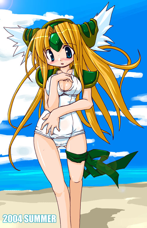 artist_request beach blonde_hair blue_eyes blush breasts cleavage cloud day long_hair medium_breasts one-piece_swimsuit outdoors riesz school_swimsuit seiken_densetsu seiken_densetsu_3 sky solo swimsuit white_school_swimsuit white_swimsuit