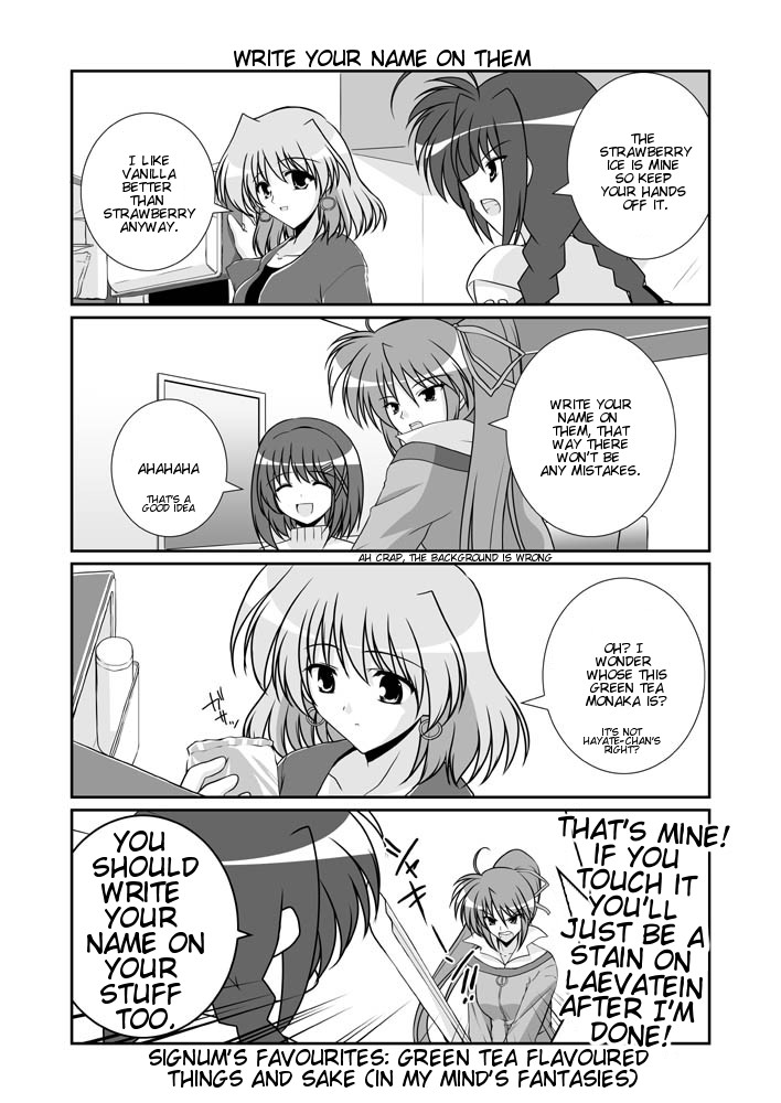 box braid collarbone comic earrings english greyscale hair_ornament hair_ribbon hairclip hard_translated holding jewelry levantine long_hair long_sleeves lyrical_nanoha mahou_shoujo_lyrical_nanoha mahou_shoujo_lyrical_nanoha_a's mikage_takashi monochrome multiple_girls package ponytail ribbon shamal shelf signum smile speech_bubble sword translated twin_braids very_long_hair vita weapon x_hair_ornament yagami_hayate