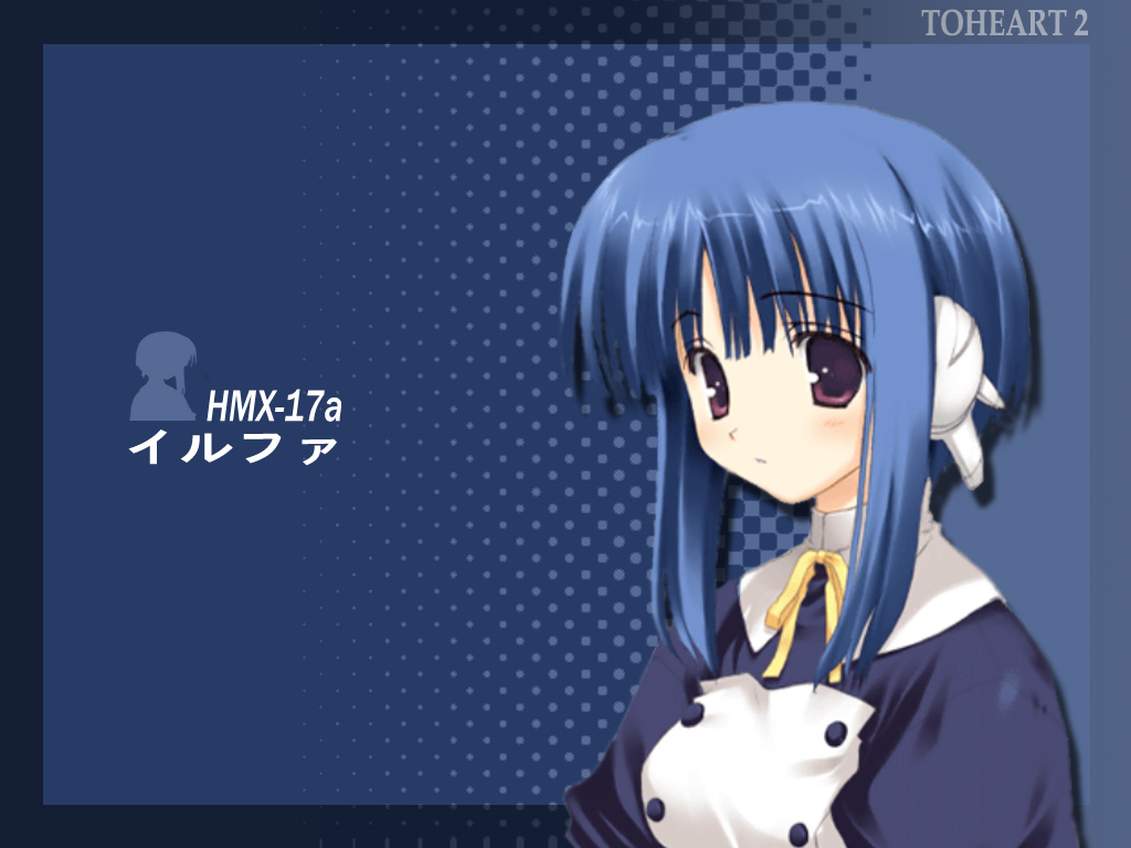 amazuyu_tatsuki blue_background blue_hair blush border buttons character_name copyright_name headgear ilfa looking_at_viewer red_eyes ribbon robot_ears short_hair sidelocks simple_background solo to_heart_2 wallpaper