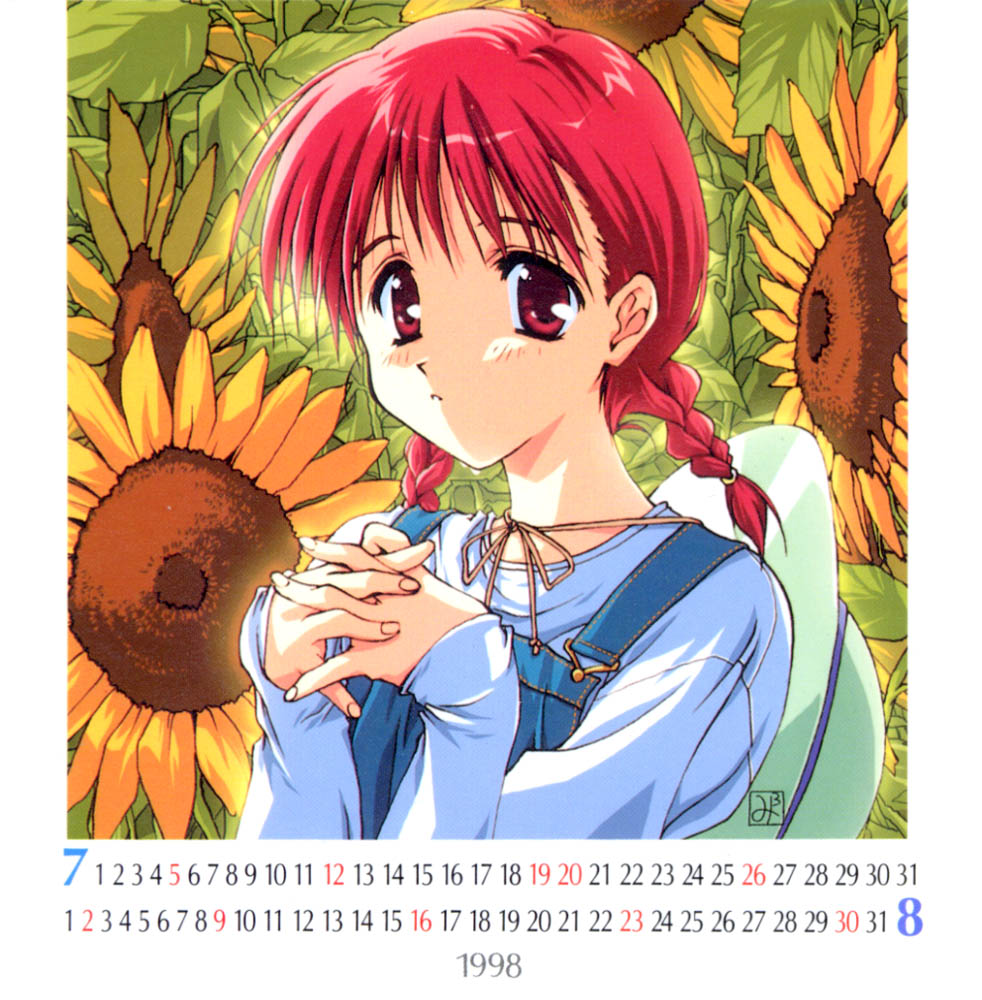 1girl artist_request august braid calendar_(medium) flower hands_together july kamigishi_akari long_hair long_sleeves overalls own_hands_together red_eyes red_hair solo sunflower to_heart twin_braids twintails