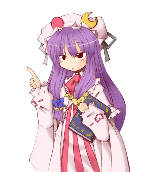 book cappccino crescent hair_ribbon hat long_hair long_sleeves patchouli_knowledge pink_hat pointing purple_hair ribbon solo touhou