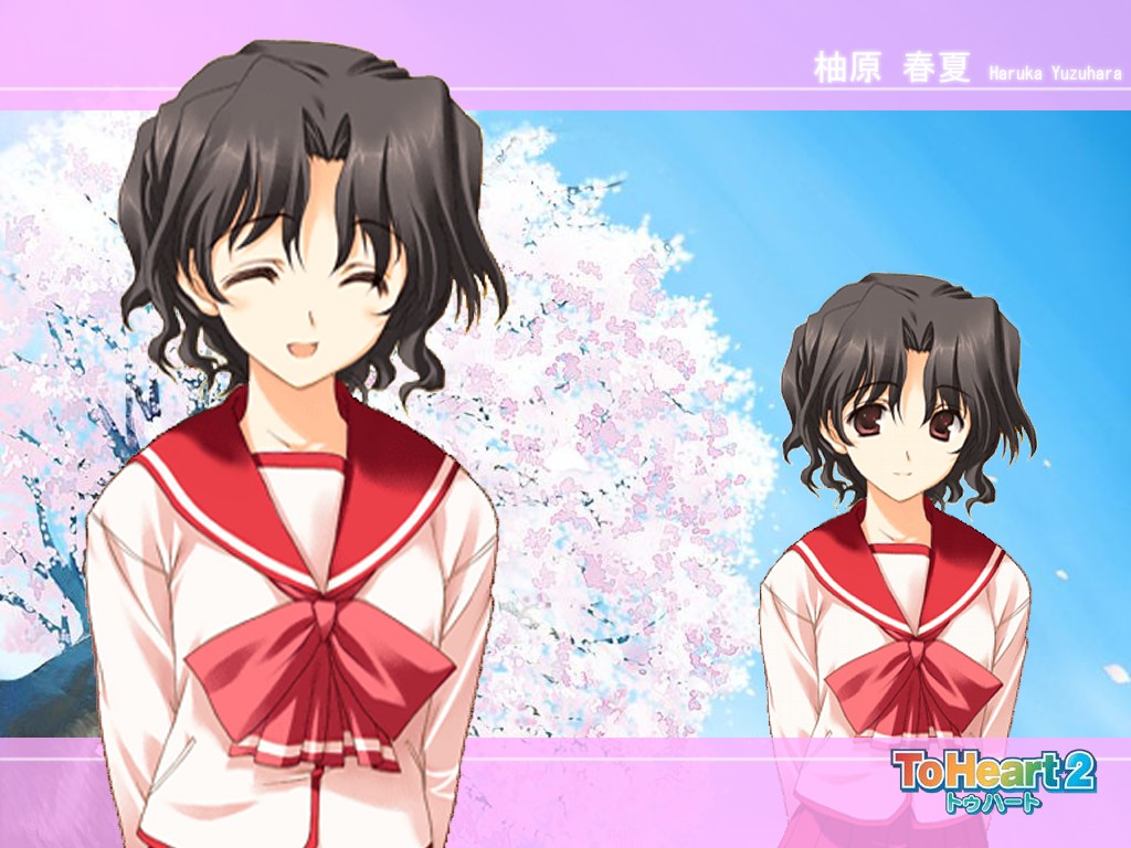 :d ^_^ arms_behind_back bangs black_hair blush bow breasts character_name cherry_blossoms closed_eyes closed_mouth copyright_name day eyebrows_visible_through_hair gradient happy jpeg_artifacts letterboxed light_smile logo long_sleeves looking_at_viewer mitsumi_misato multiple_views official_art open_mouth outdoors parted_bangs petals pink_bow pleated_skirt pocket purple_eyes red_skirt school_uniform serafuku shirt short_hair skirt sky small_breasts smile third-party_edit to_heart_2 transparent tree wallpaper wavy_hair white_shirt younger yuzuhara_haruka