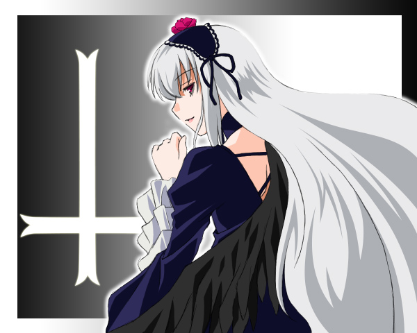 cross dress gothic hair_ornament inverted_cross latin_cross long_hair long_sleeves red_eyes rozen_maiden solo suigintou umekichi wings
