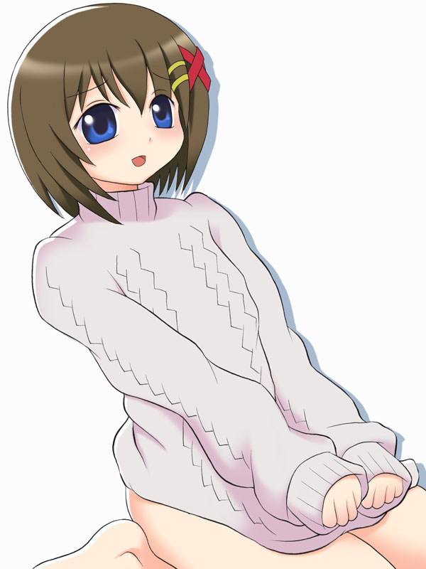 :d artist_request bare_legs barefoot blue_eyes brown_hair hair_ornament long_sleeves lyrical_nanoha mahou_shoujo_lyrical_nanoha mahou_shoujo_lyrical_nanoha_a's open_mouth simple_background sitting smile solo sweater wariza white_background x_hair_ornament yagami_hayate