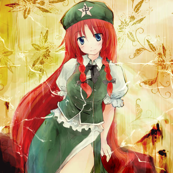 arm_behind_back artist_request blue_eyes blush bow braid china_dress chinese_clothes dress hair_bow hat hong_meiling long_hair photo_(object) red_hair smile solo source_request star touhou twin_braids