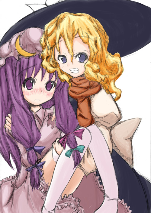 :d artist_request blonde_hair blue_eyes blush carrying crescent crescent_hair_ornament dress fang frown hair_ornament hat kirisame_marisa long_hair long_sleeves mob_cap multiple_girls nose_blush open_mouth patchouli_knowledge princess_carry purple_dress purple_eyes purple_hair scarf simple_background smile teeth thighhighs touhou white_background witch_hat