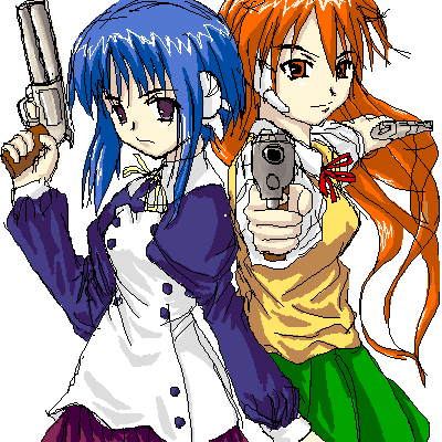 aiming_at_viewer blue_hair gun handgun lowres multiple_girls orange_eyes orange_hair pistol purple_eyes revolver skirt to_heart_2 weapon