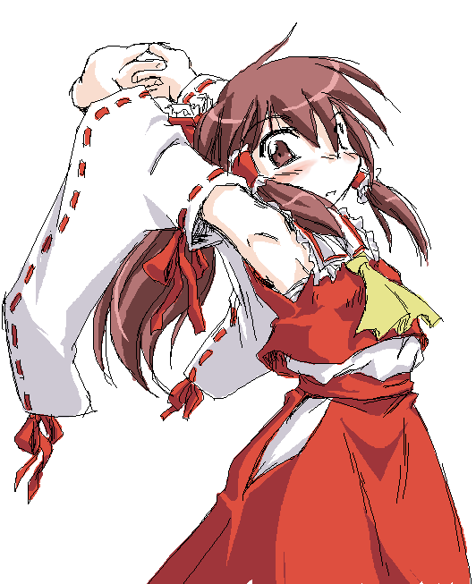 armpits arms_up artist_request blush brown_eyes brown_hair cowboy_shot detached_sleeves dress hair_tubes hakurei_reimu interlocked_fingers long_hair long_sleeves no_nose red_dress simple_background solo stretch touhou white_background
