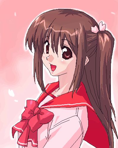 :d artist_request blush bow bowtie brown_eyes brown_hair hair_between_eyes long_hair long_sleeves looking_at_viewer lowres open_mouth pink_background sailor_collar sidelocks simple_background smile solo to_heart_2 yuzuhara_konomi