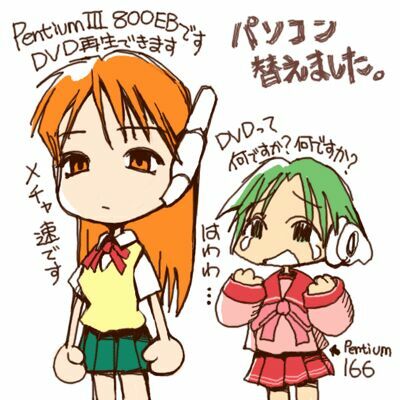 artist_request bow chibi directional_arrow green_hair headgear long_sleeves lowres multi multiple_girls open_mouth orange_eyes orange_hair pink_bow robot_ears school_uniform serio simple_background tears teeth to_heart white_background